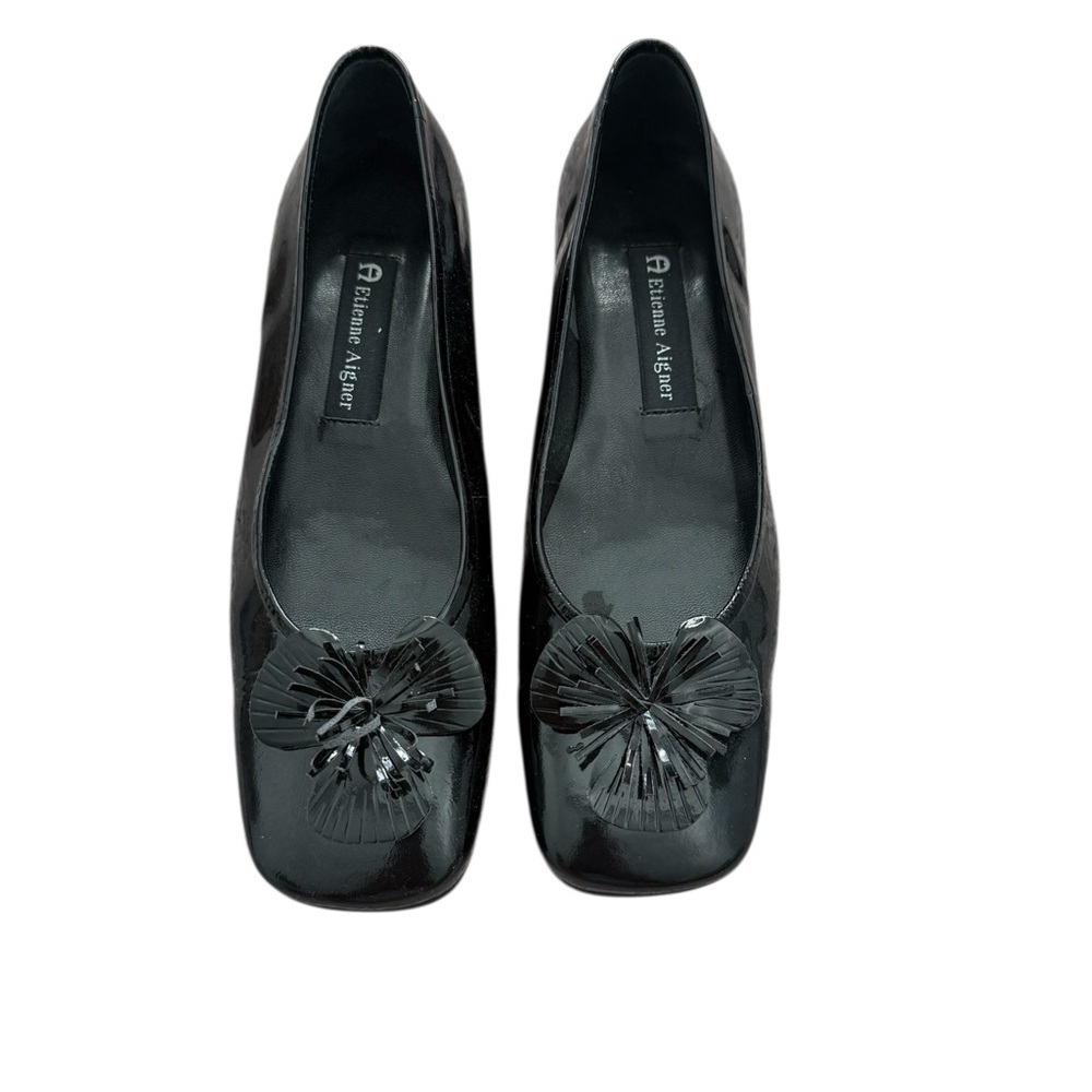 Etienne Aigner Gardener Black Flats with Floral Detail Size 7.5”